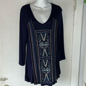 CAITE Navy Blue Lightweight 3/4 Sleeve Embroidered V Neck Tunic Top-S